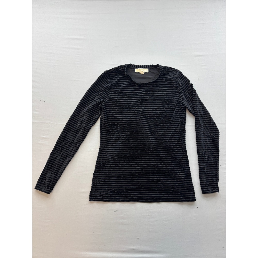 Michael Michael Kors Black Velvet Stripe Mesh Long Sleeve Top Petite Small P/S